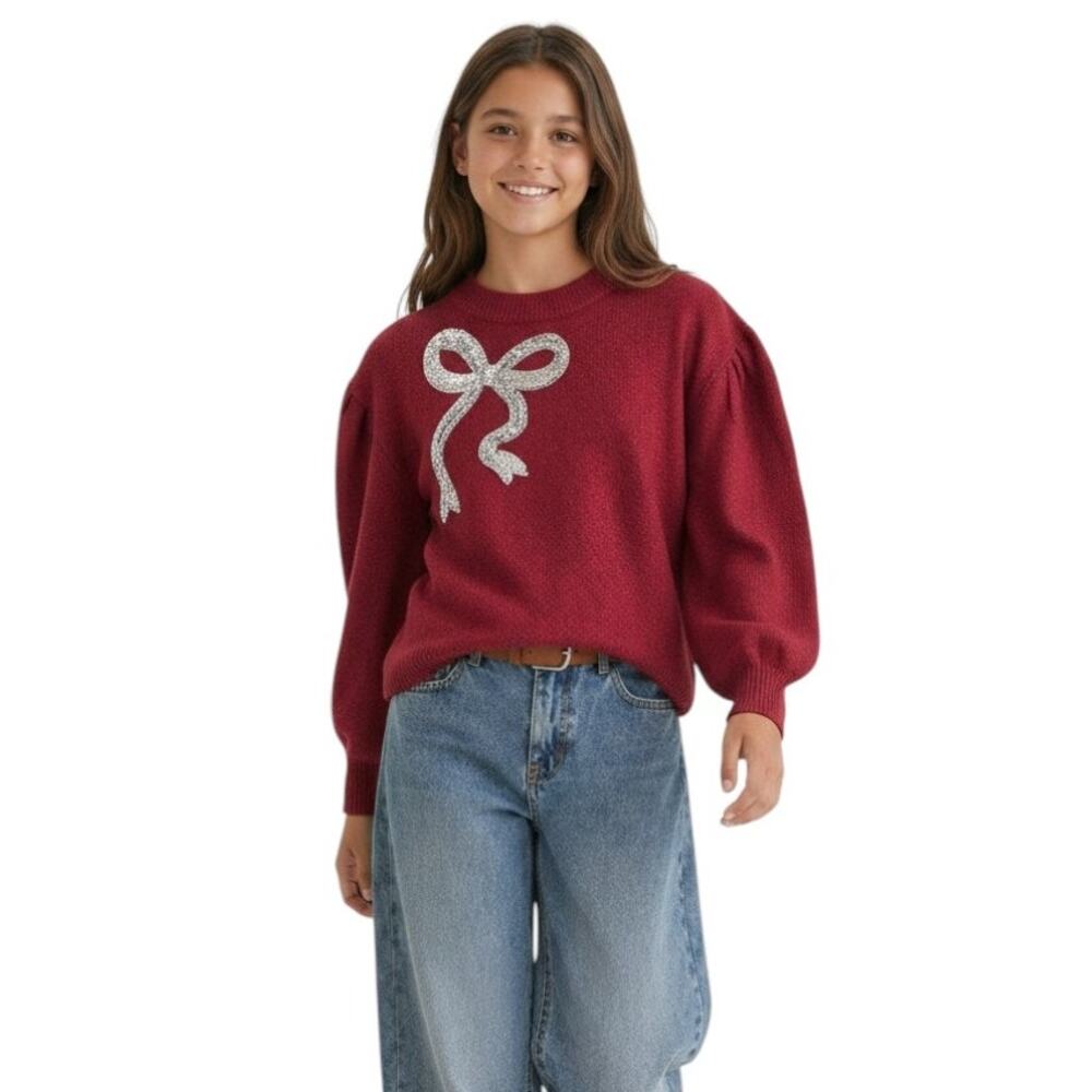 Place Girls Sequin Bow Sweater, Red, Size XL, New